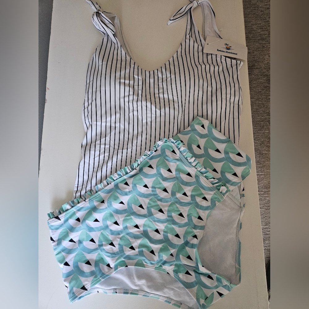 Striped Top And Bird Bottoms High Waisted Tankini